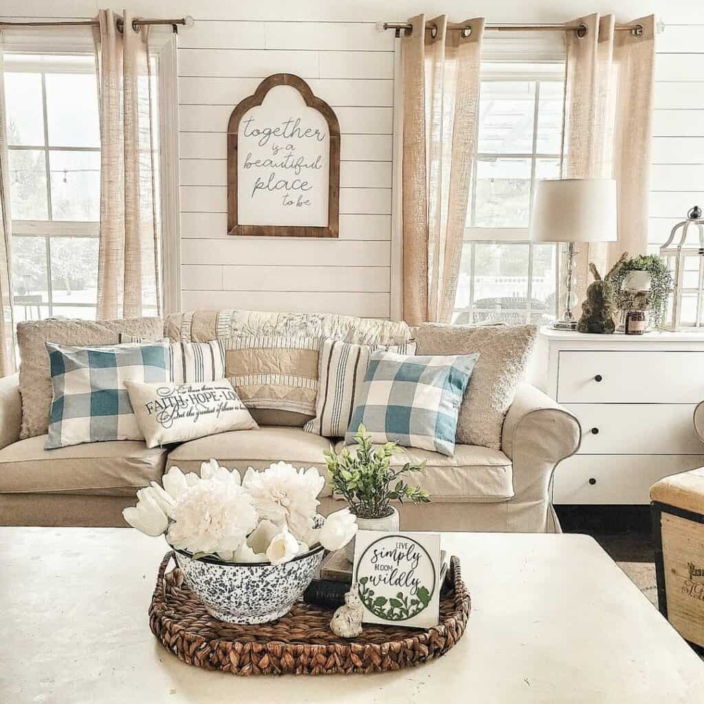 Farmhouse Living Room With Sheer Curtains and Shiplap Paneling