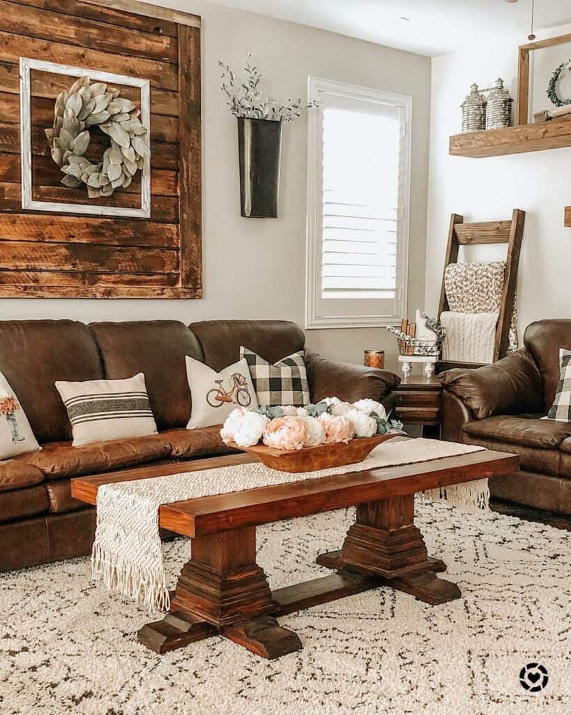 Farmhouse Living Room with Brown Leather Sofas