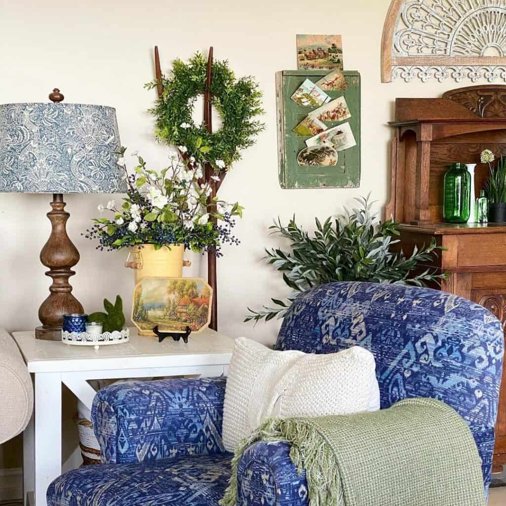 Farmhouse Living Room with Patterned Chair