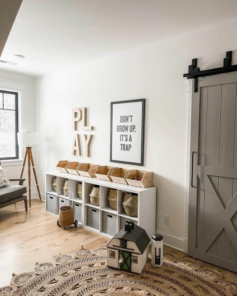 Farmhouse Playroom with Sliding Barn Door