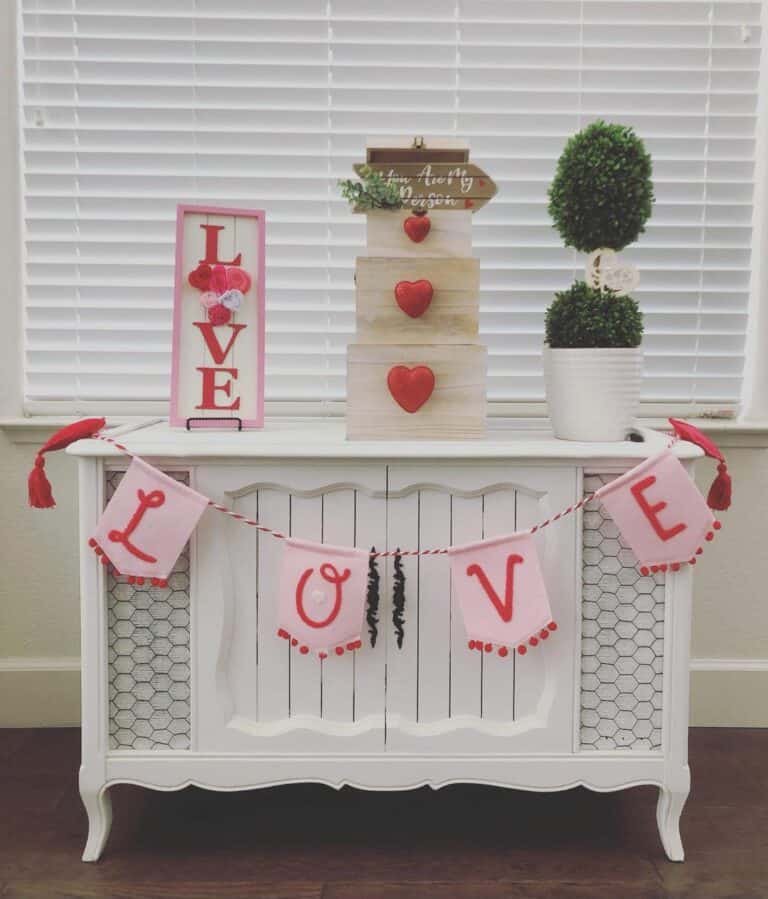 Farmhouse Side Table With Valentine's Day Decorations
