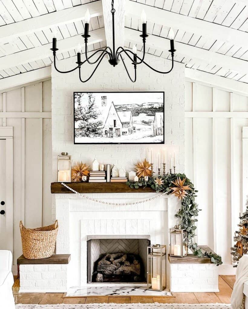 Farmhouse-Style Living Room with Dark Wood Fireplace Mantel