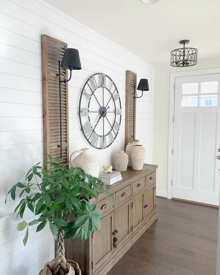 Farmhouse-inspired Entryway With Wall Shutter Scones