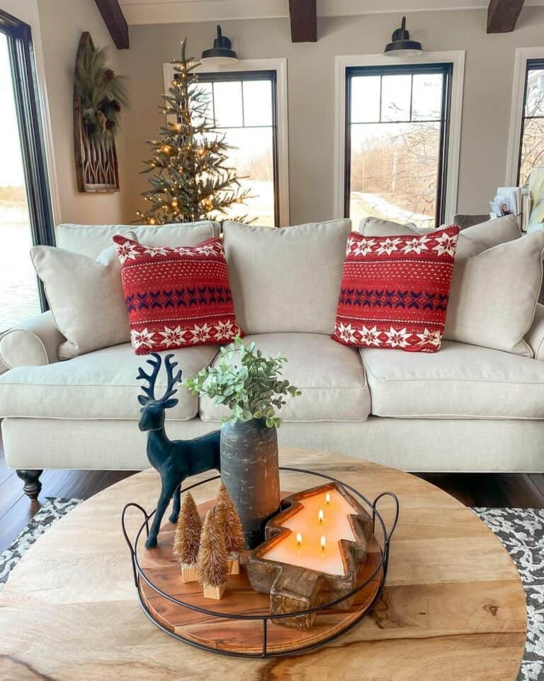 Festive Décor in a Round Black and Wood Tray