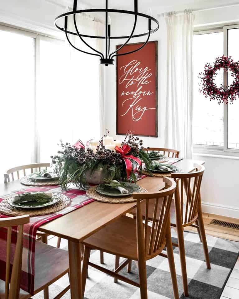 Festive Dining Table Centerpiece with Fresh Cedar and Berries