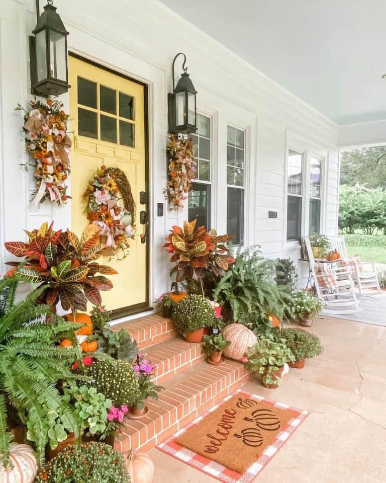Festive Fall Entry Way With Brick Front Steps