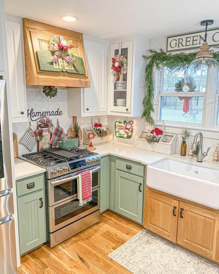 Festive Kitchen With Sage Green Cabinets