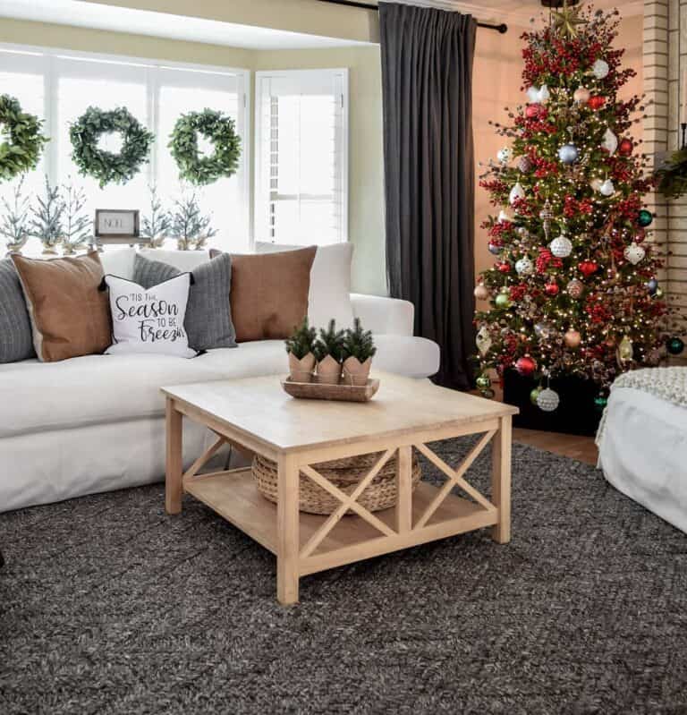 Festive Living Room with White Sofa