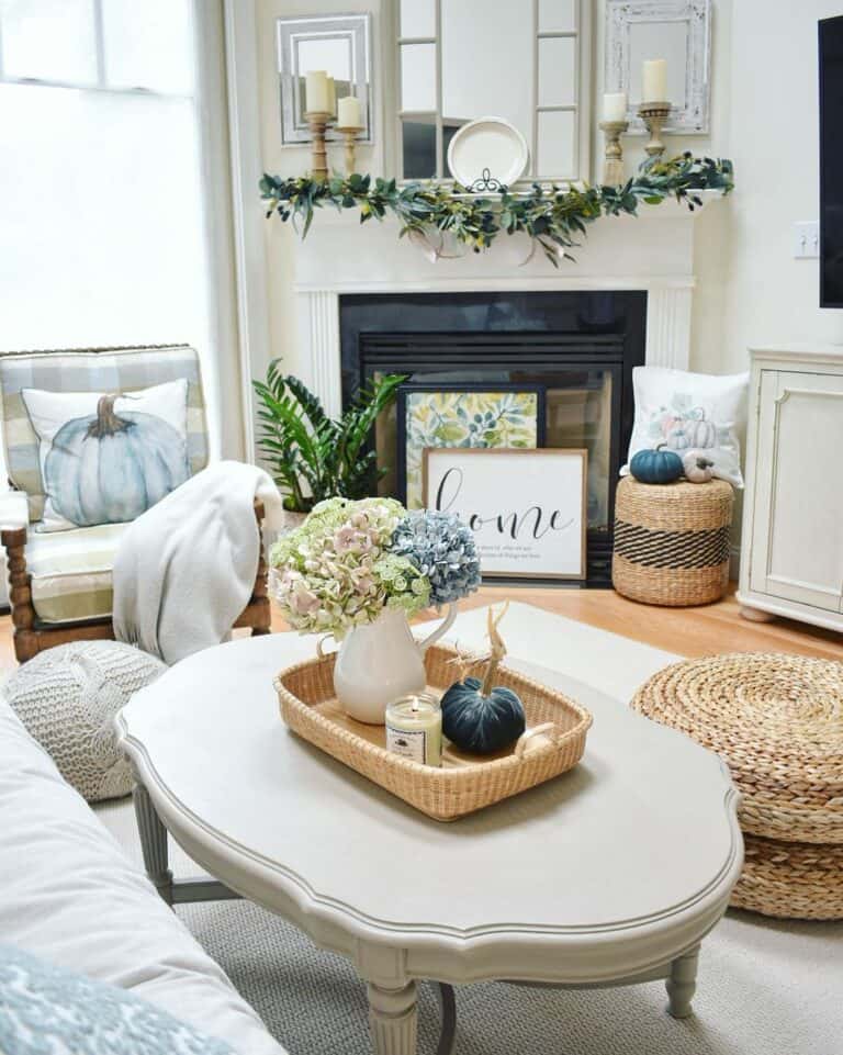 Fireplace Seating in White and Blue