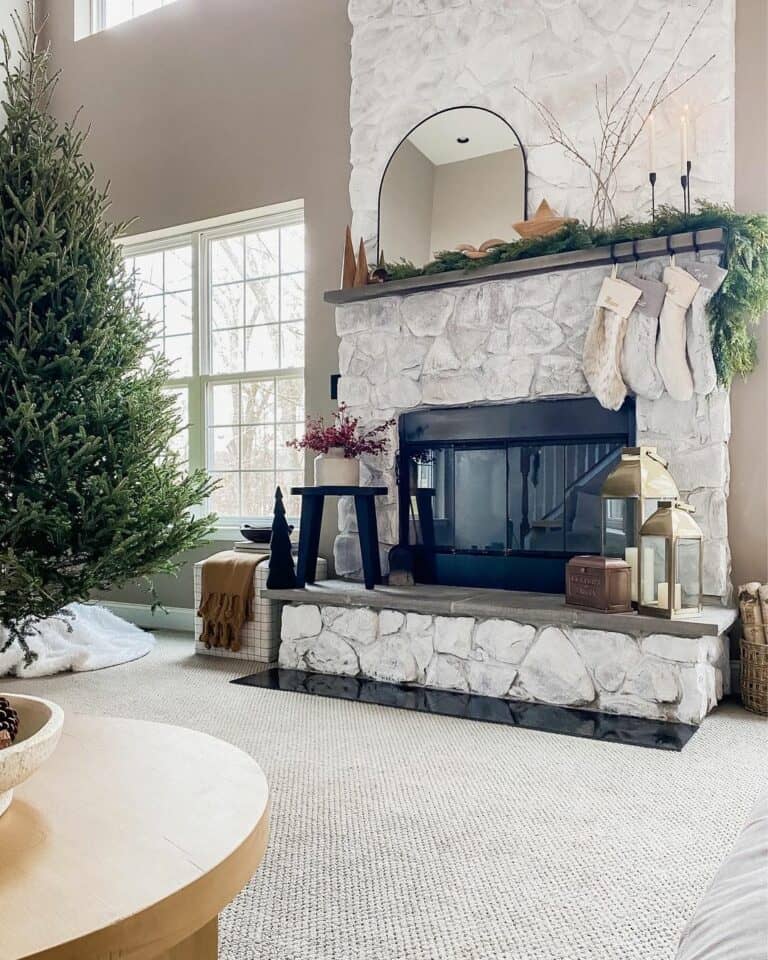 Fireplace Wall with Rustic Christmas Mantel Décor
