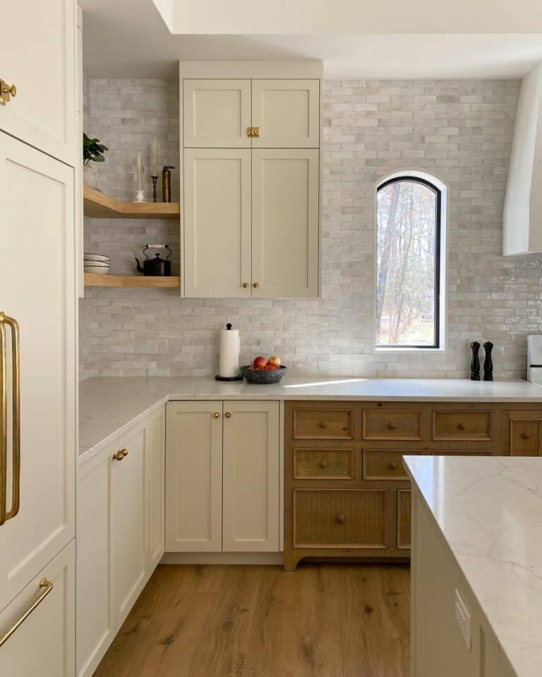 Floating Wood Corner Shelves Between Two Cabinets