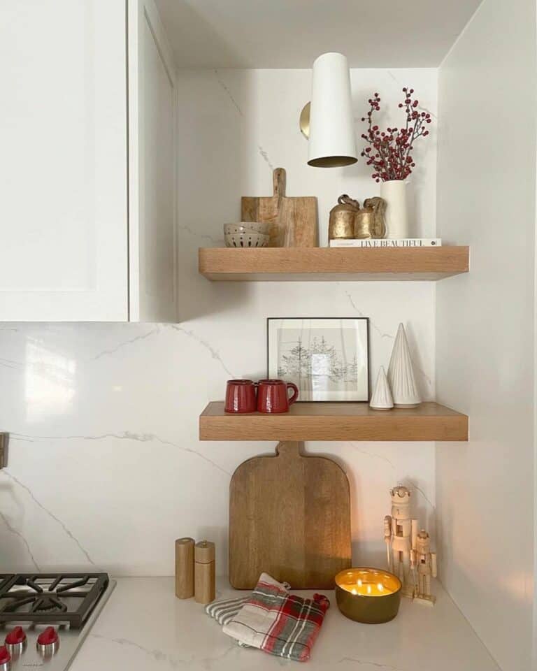Floating Wood Shelves Above White Counter
