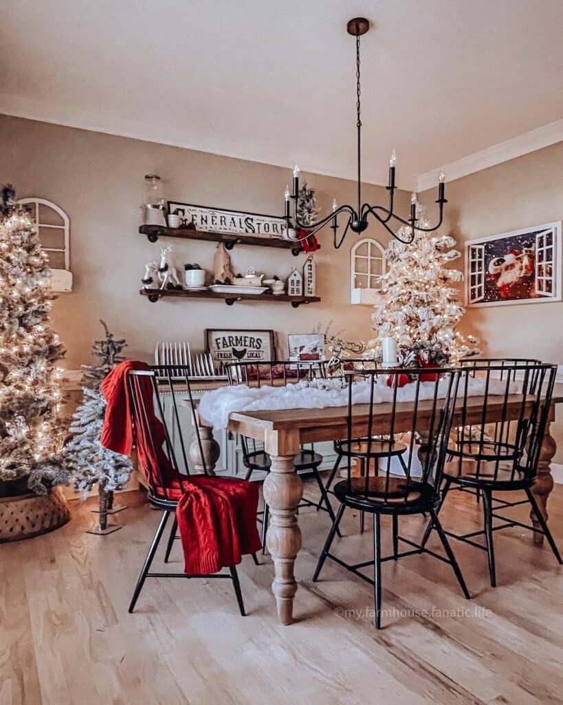 Flocked Christmas Trees in Farmhouse Dining Room