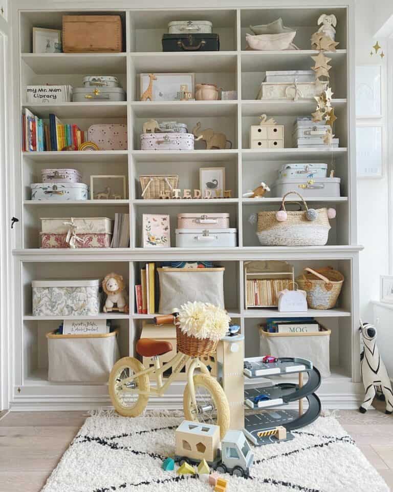 Floor-to-Ceiling Storage Shelves in White Playroom