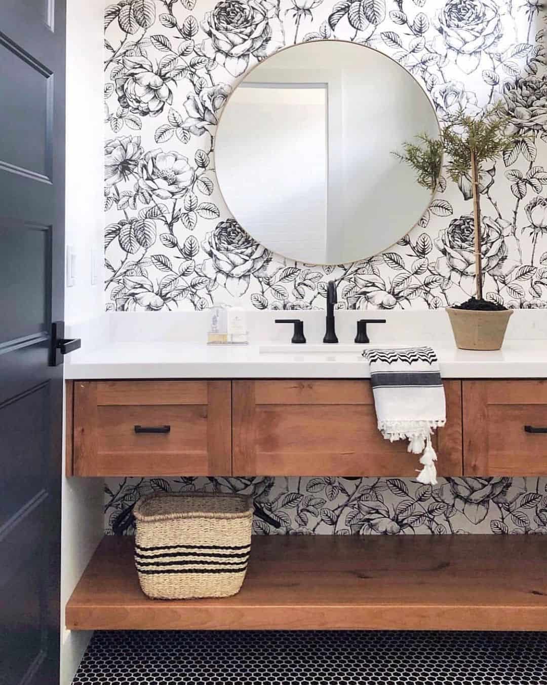 Floral Accent Wallpaper in Bathroom - Soul & Lane