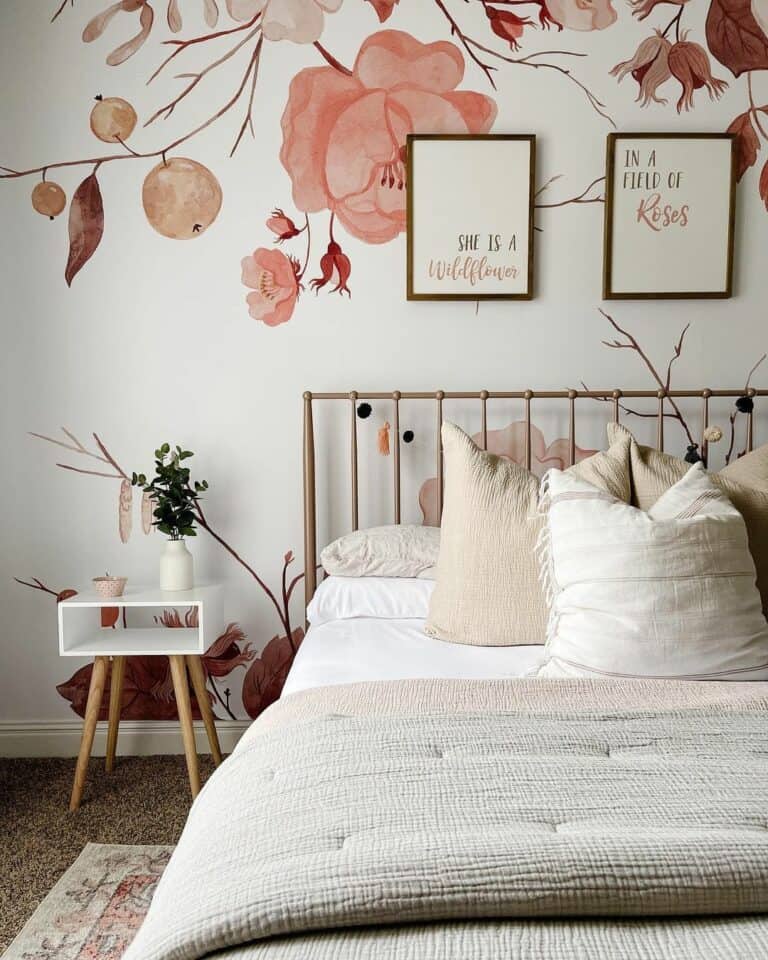 Floral Wallpaper Behind Brass Spindle Bed