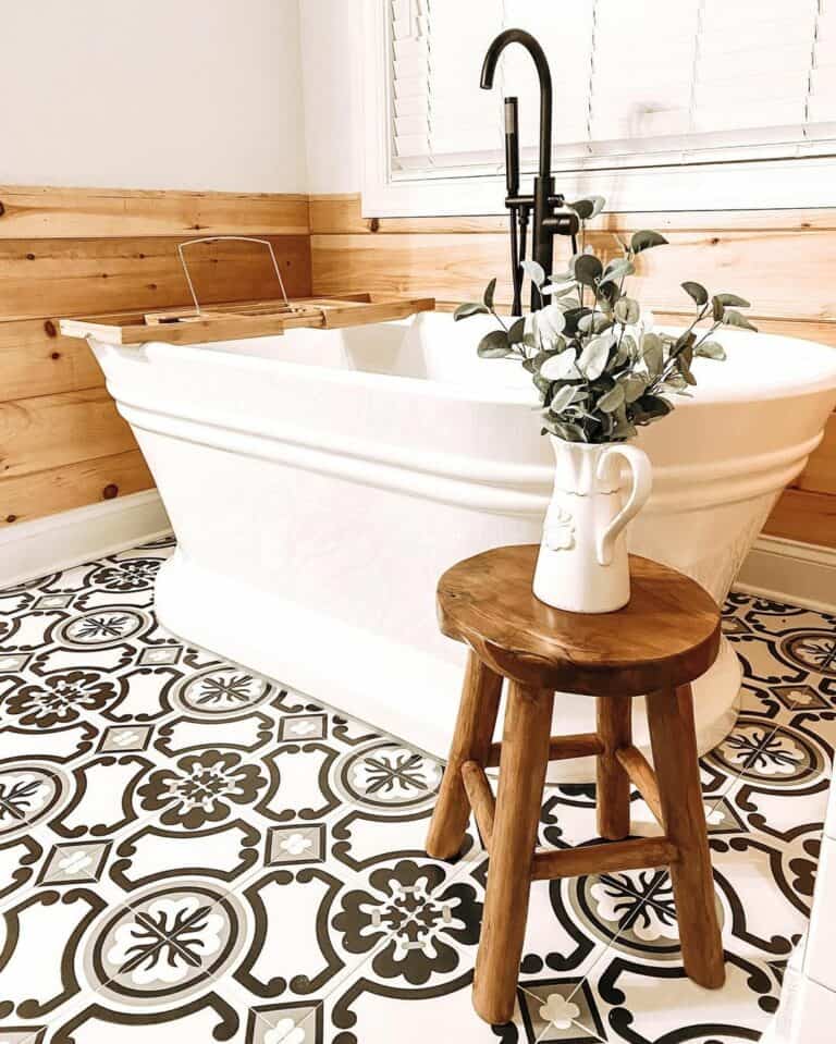 Freestanding Soaking Tub With Stained Wood Stool