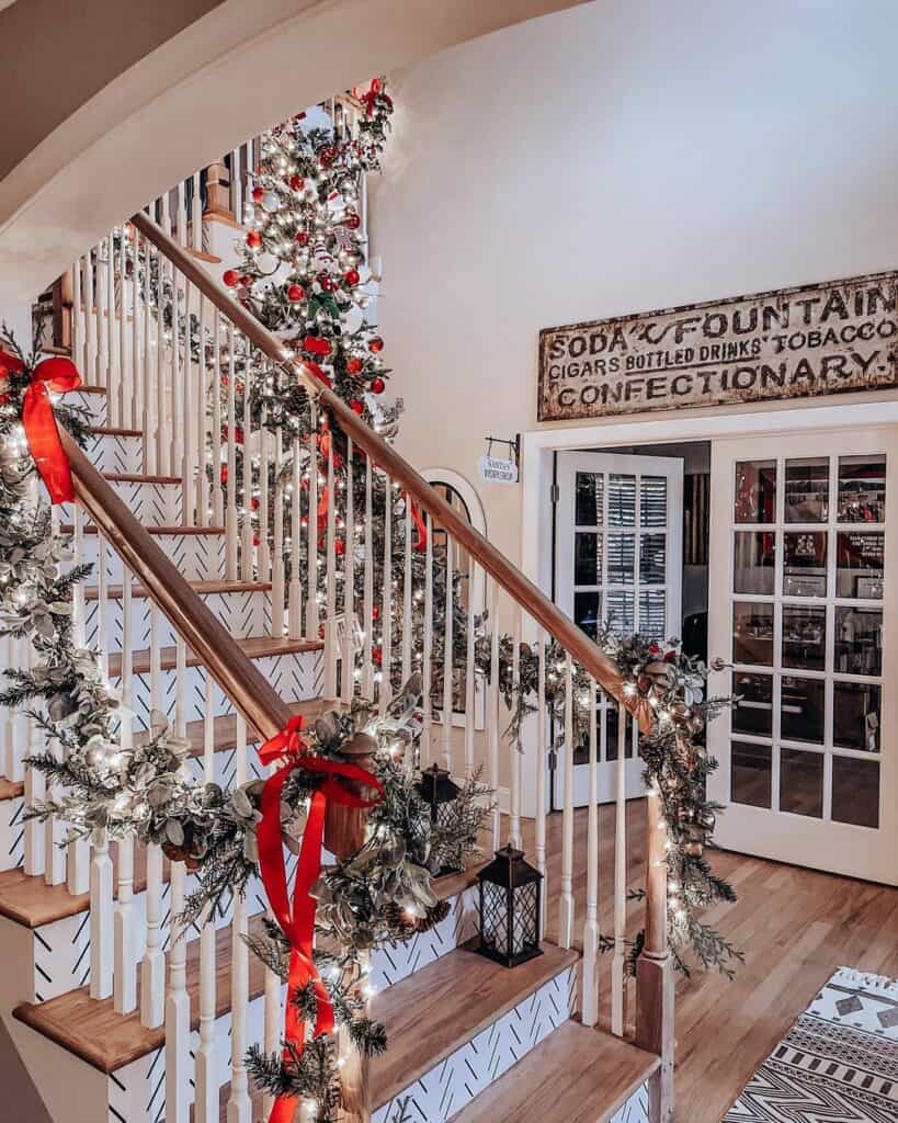 French Doors Beside Festive Staircase