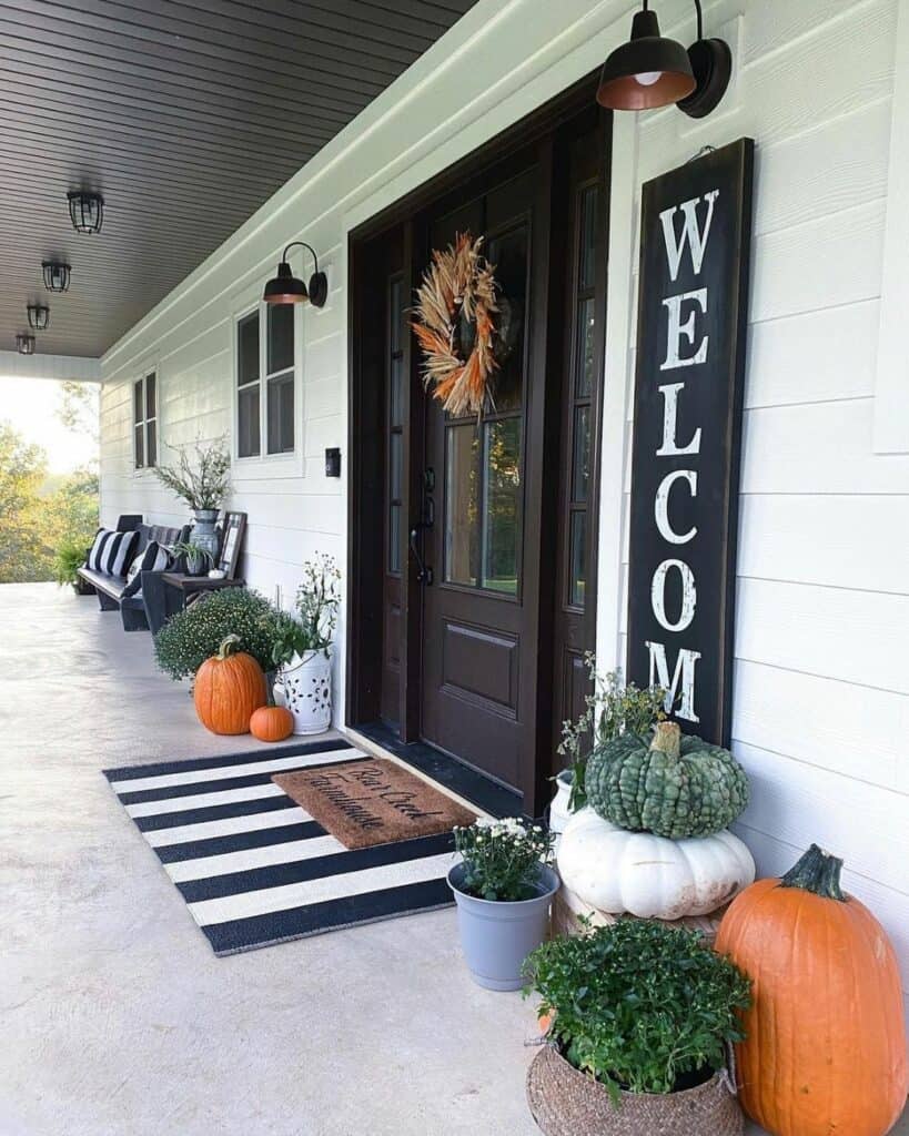 Front Door Fall Wreath and Colorful Pumpkins