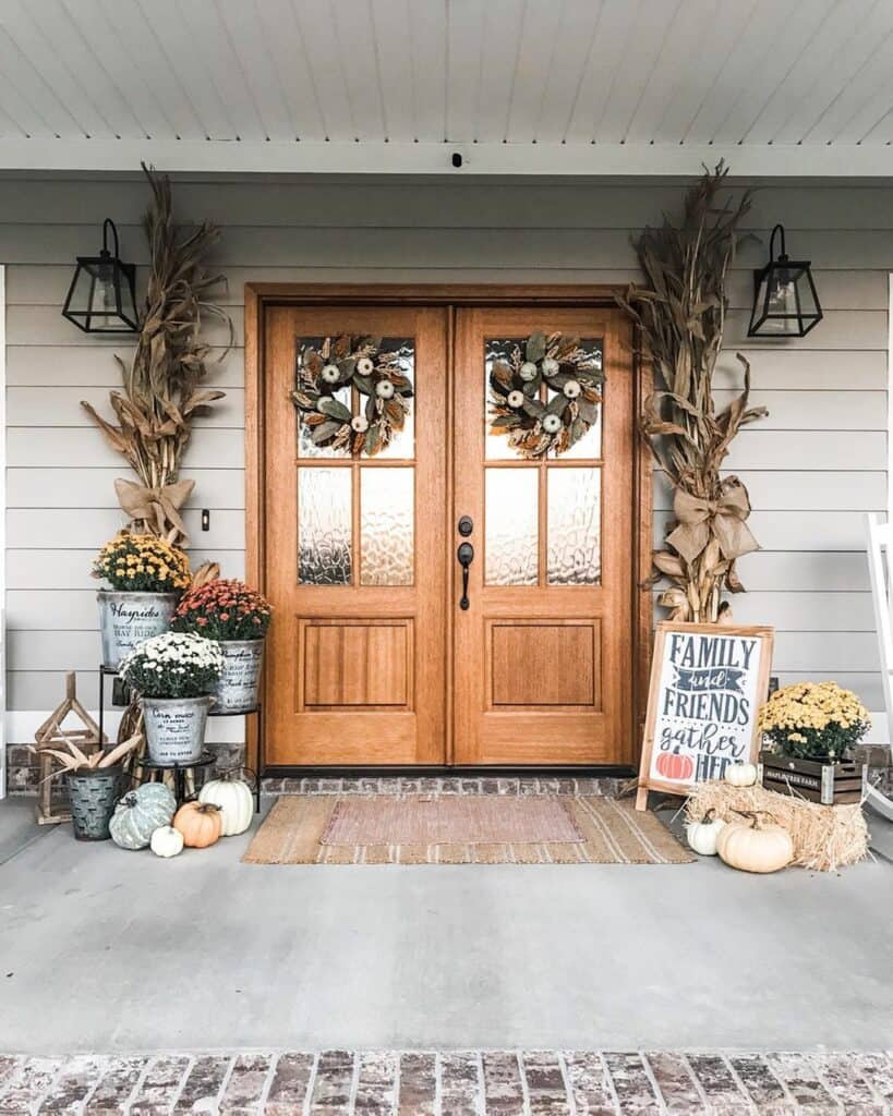 Front Door Fall Wreaths and Corn Stalks