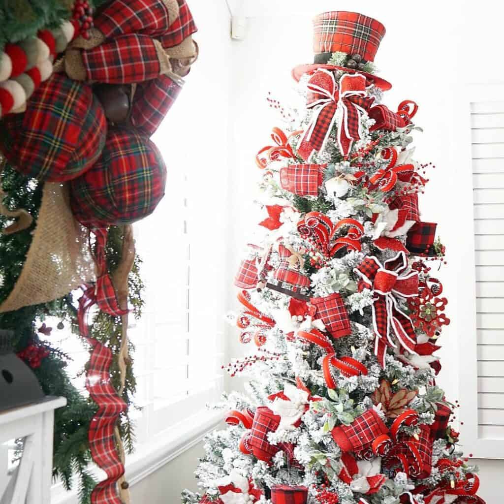 Frosted Christmas Tree with Traditional Plaid Ribbons
