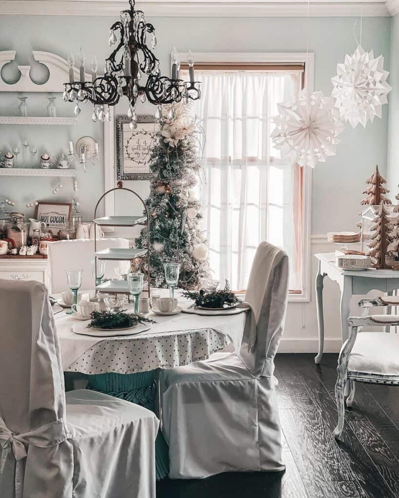 Frosted Farmhouse Kitchen with Giant Snowflake Decorations
