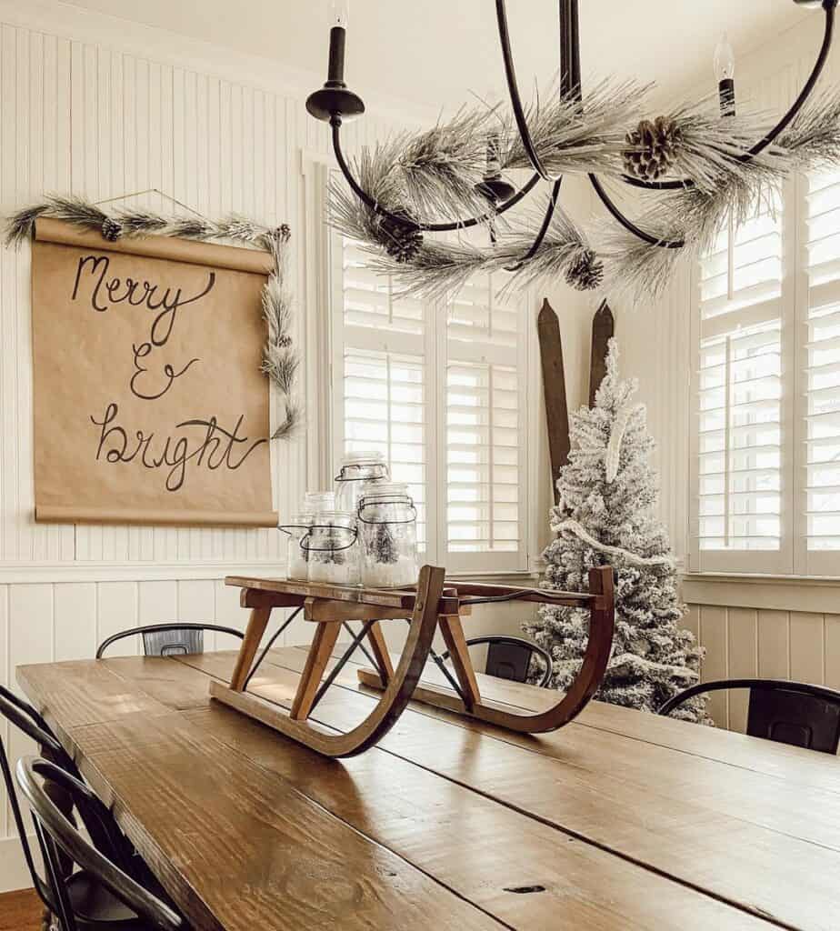 Frosted Mason Jar Centerpiece in Farmhouse Dining Room
