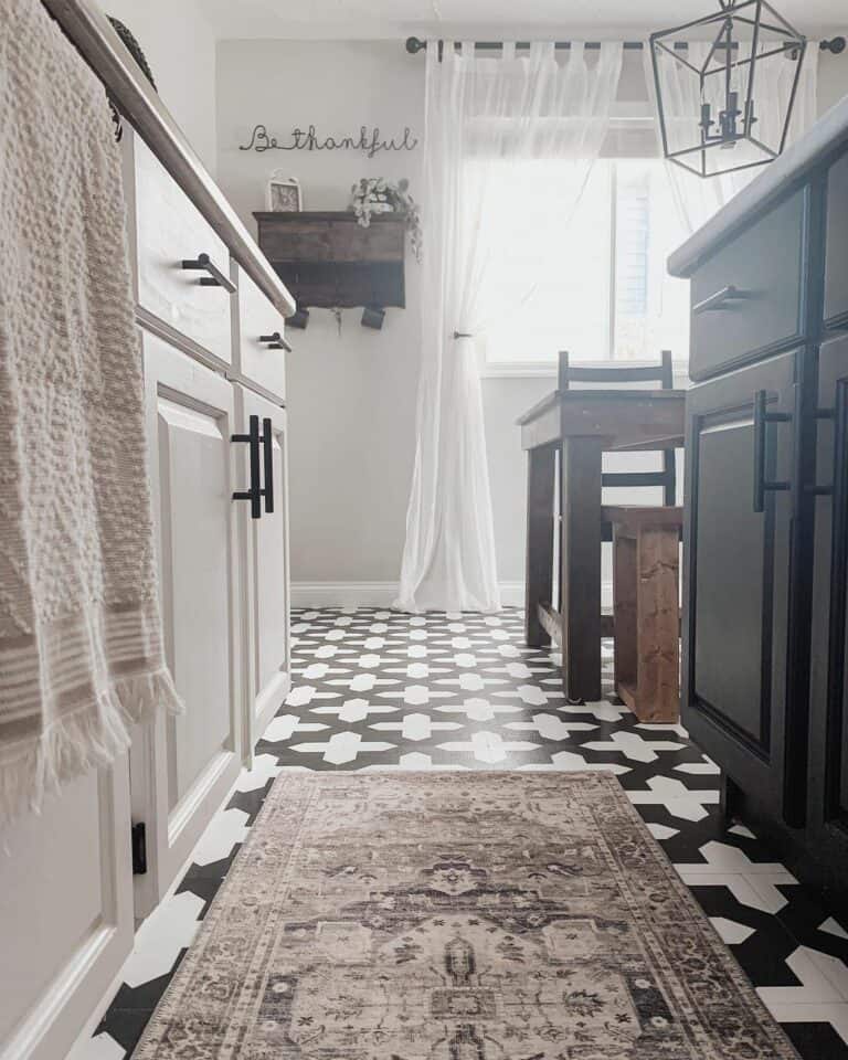 Geometric Black and White Tiled Kitchen Floor
