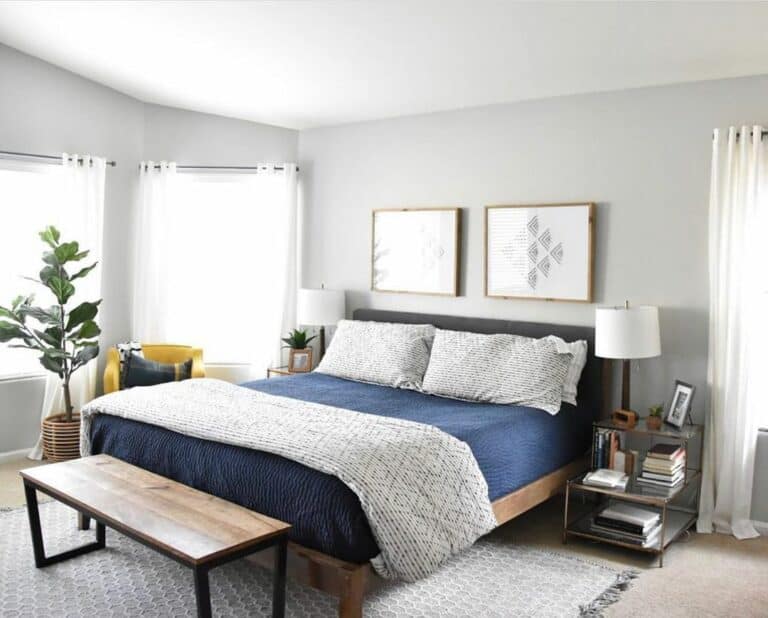 Geometric Navy Bedroom Idea With Neutral Carpet