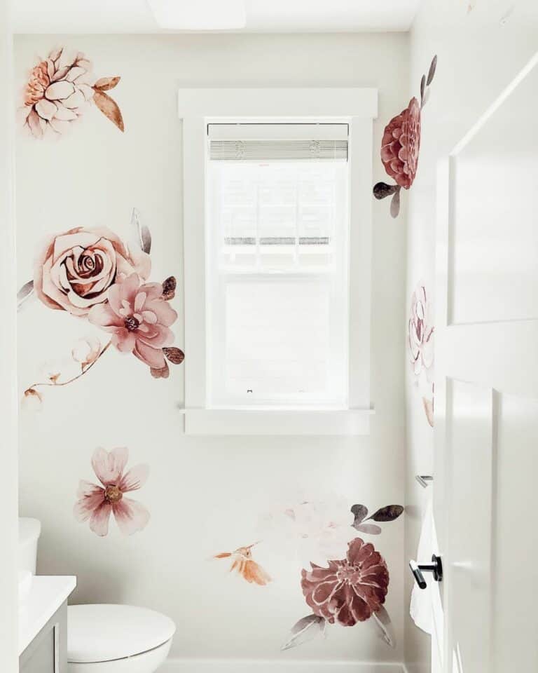 Giant Pink Flowers in Small Powder Room