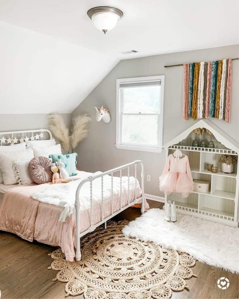 Girl Toddler Bedroom with Dollhouse Bookshelf