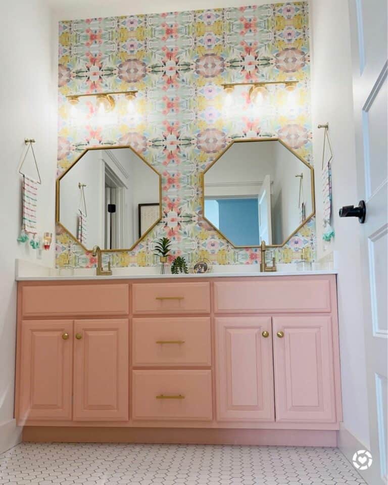 Girls' Bathroom With Octagonal Mirrors and Bohemian Wallpaper