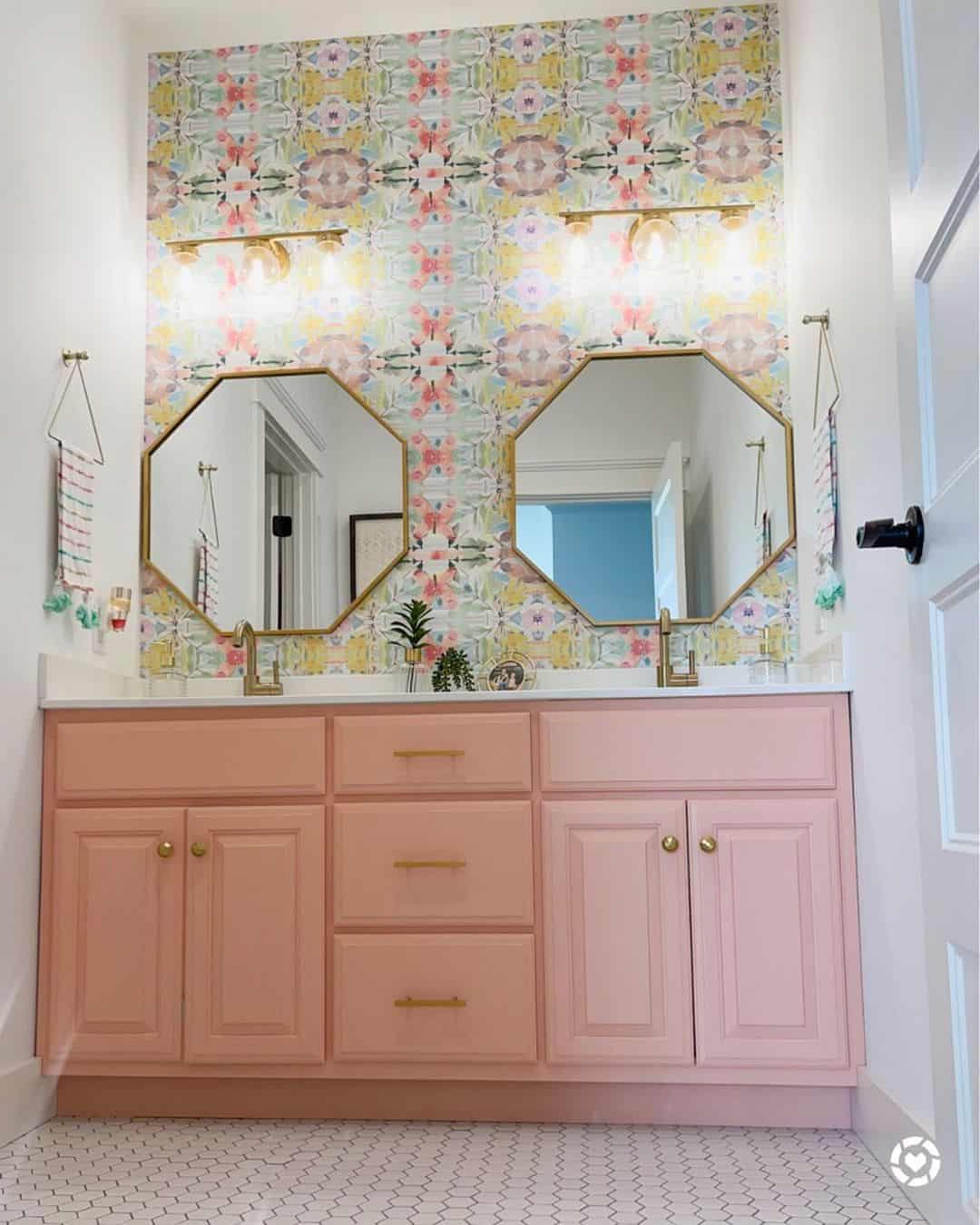 Girls' Bathroom With Octagonal Mirrors and Bohemian Wallpaper - Soul & Lane
