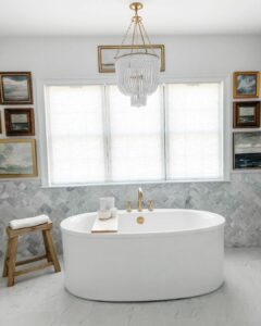 Glass Bead Chandelier in Gray Bathroom