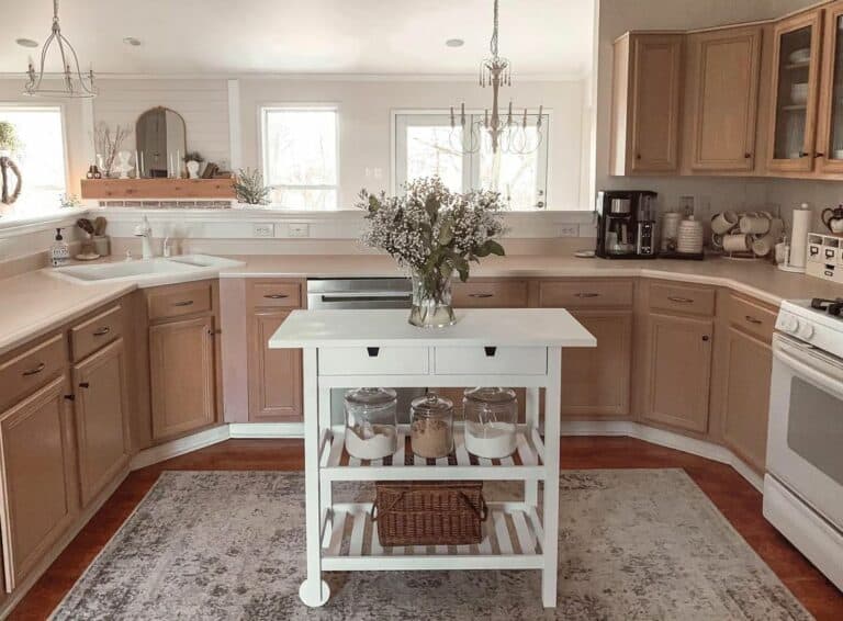 Glass Canisters on a White Cart Kitchen Island