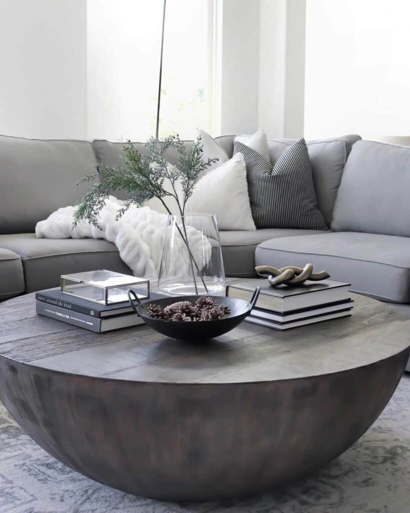 Glass Centerpiece Ideas for a Wood Drum Coffee Table