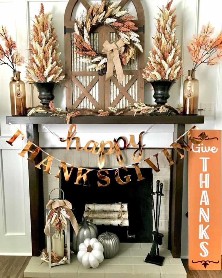 Gray Brick Fireplace with Thanksgiving Decorations