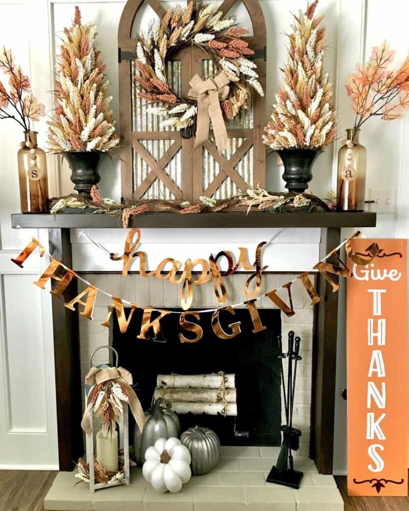 Gray Brick Fireplace with Thanksgiving Decorations