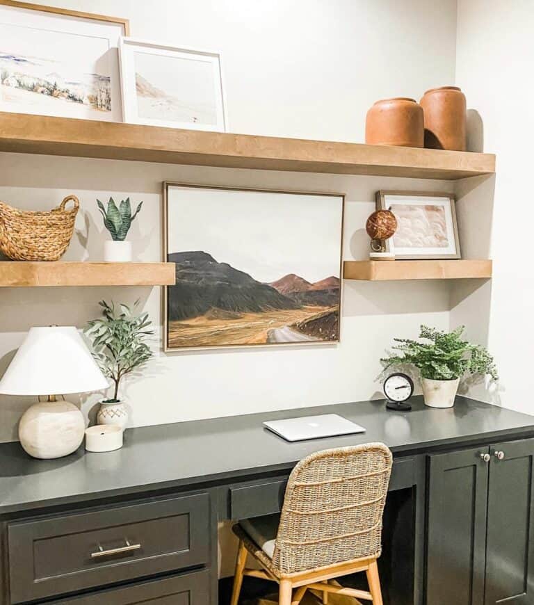 Gray Built-in Desk With Natural Floating Shelves