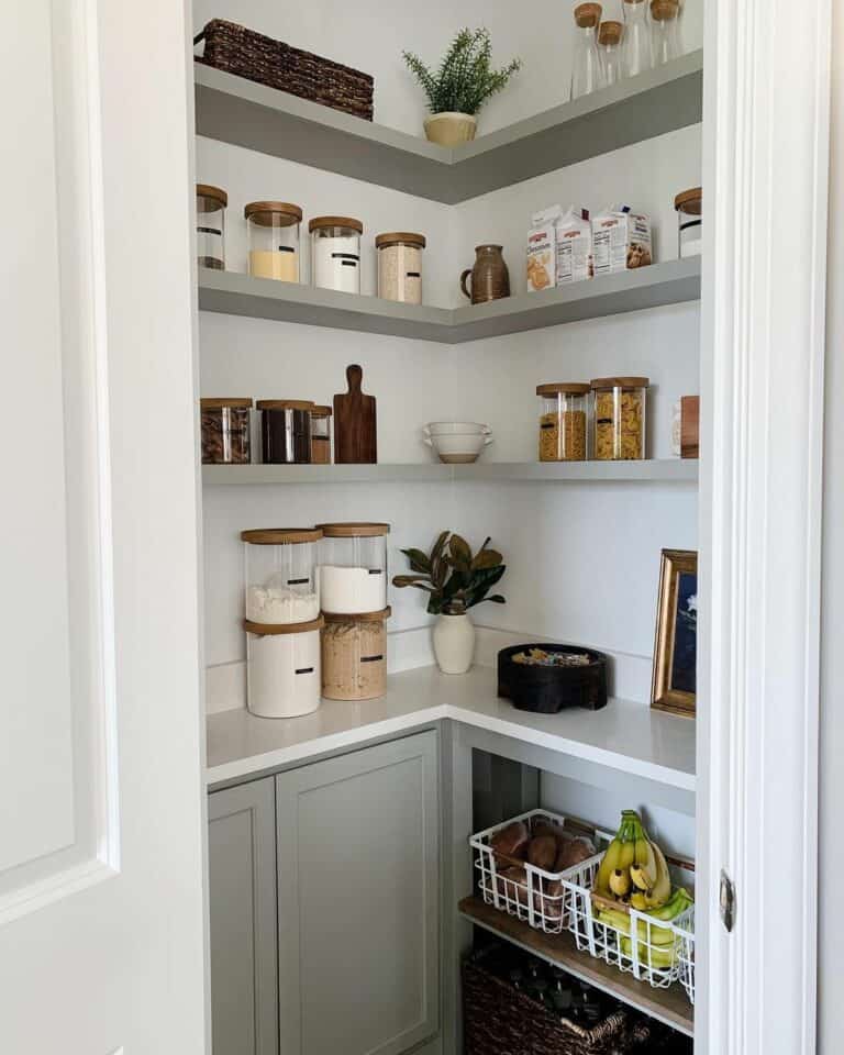 Gray Cabinets and Shelves in Minimalist Pantry