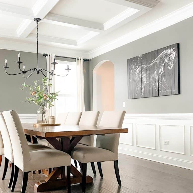 Gray Dining Room Walls with White Wainscoting