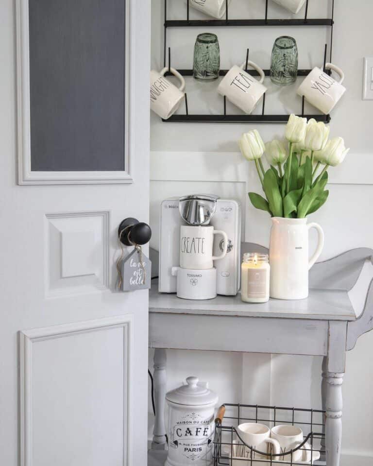 Gray Farmhouse Bar Car with White Tulips and Mugs
