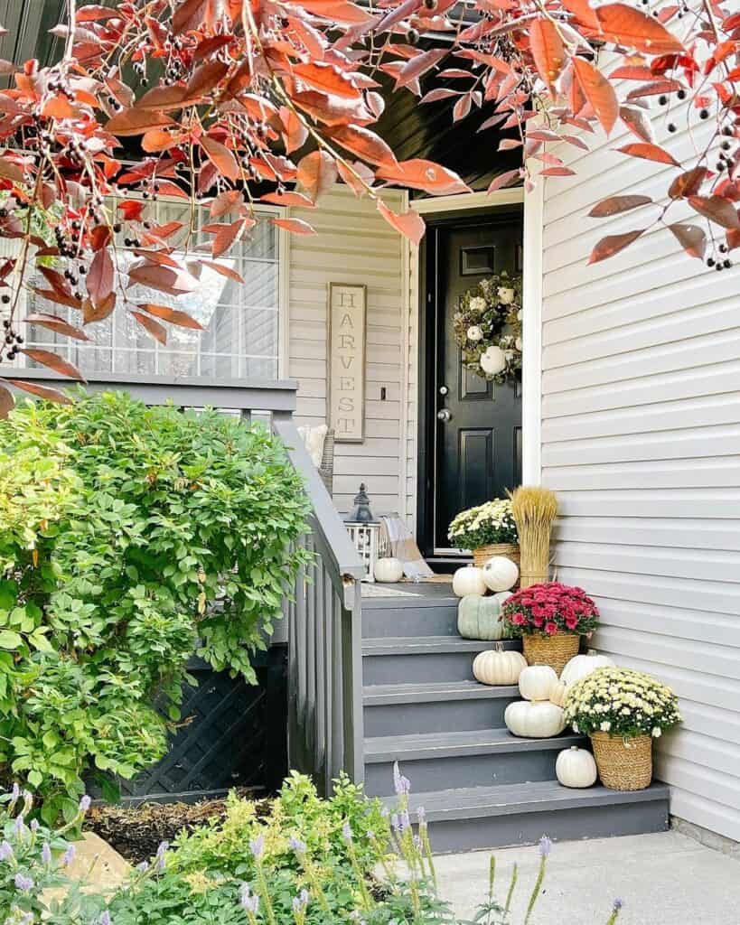 Gray Front Steps Decorated With Fall Florals