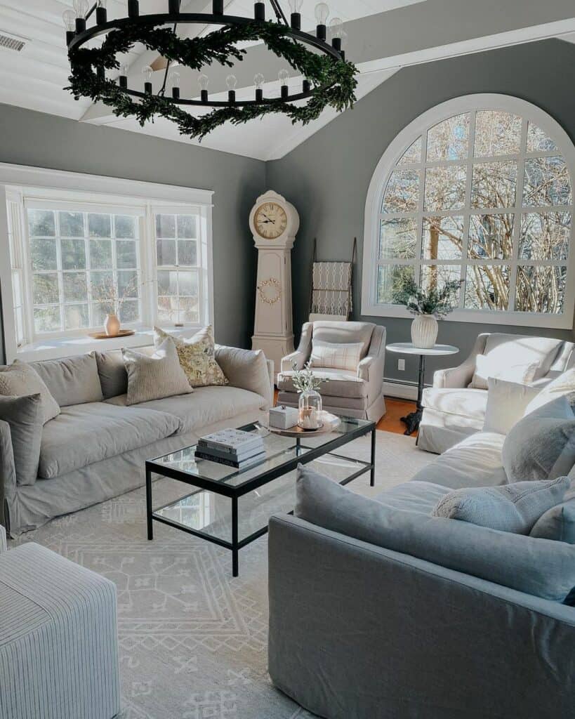 Gray Living Room With Vintage Clock in the Corner