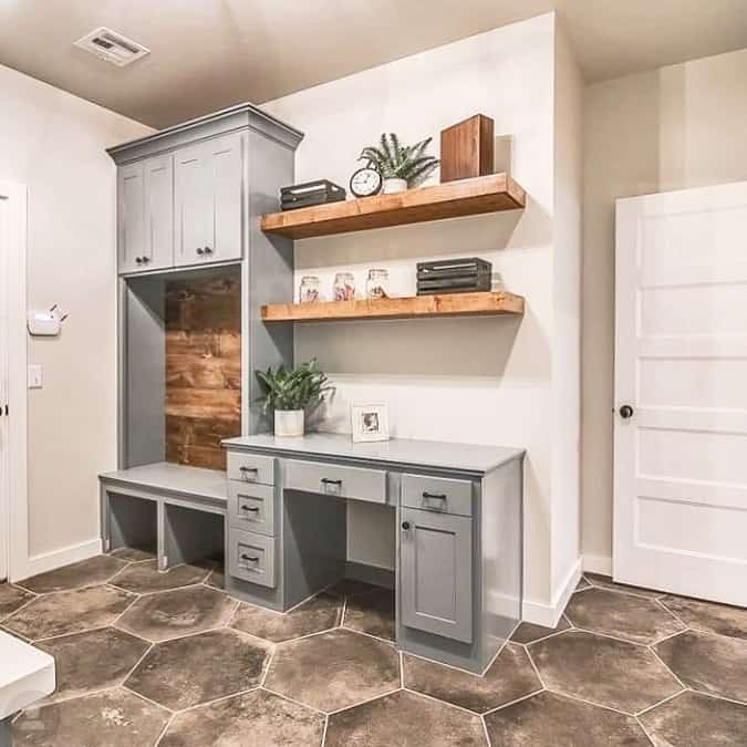 Gray Mudroom Locker with Stained Wood Trim