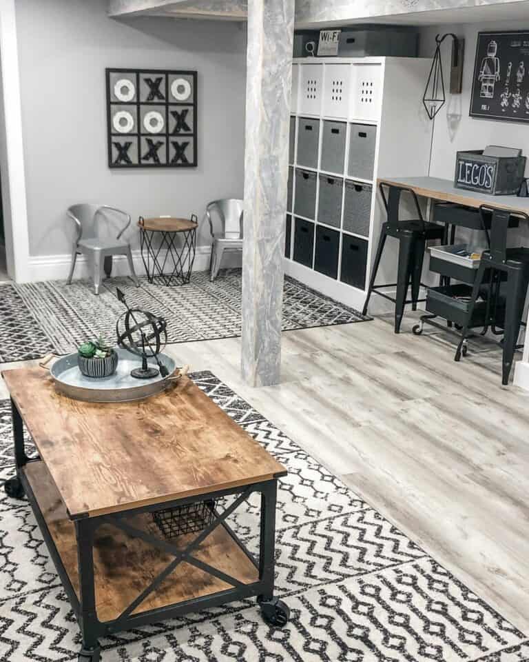 Gray Ombré Playroom Wall Shelves in Monochrome Room