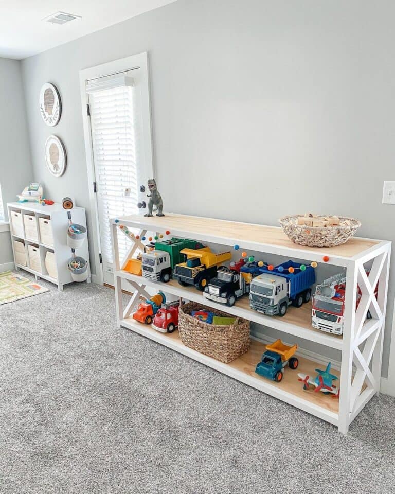 Gray Playroom with Long Playroom Shelves