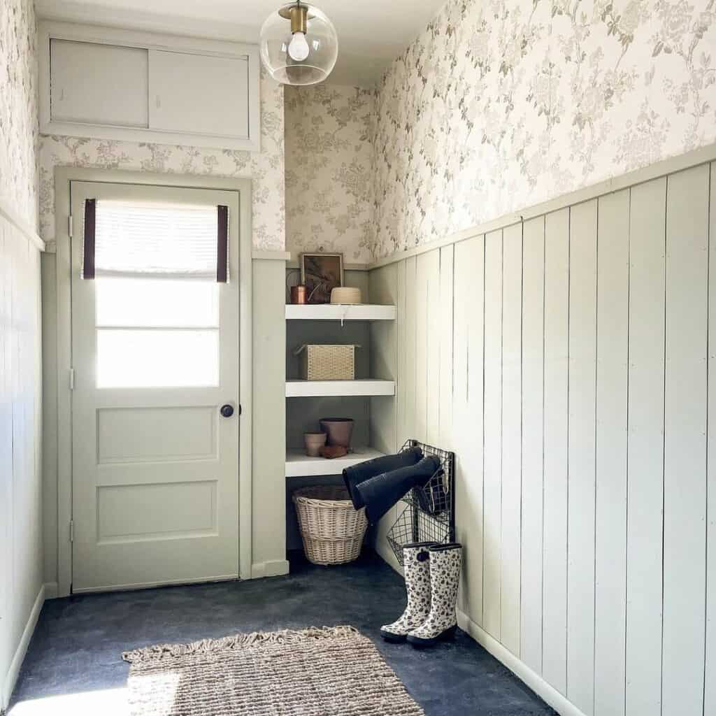 Gray Shiplap Half Wall With Floral Wallpaper