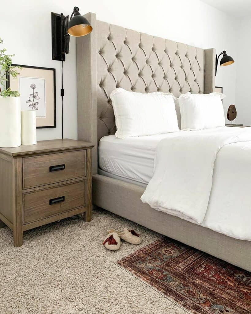 Gray and White Bedroom With a Gray-Toned Nightstand