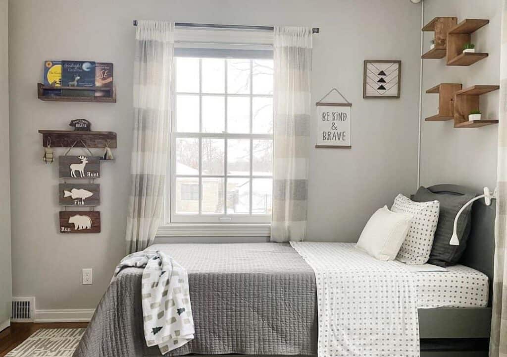 Gray and White Boys Bedroom With Wooden Shelves